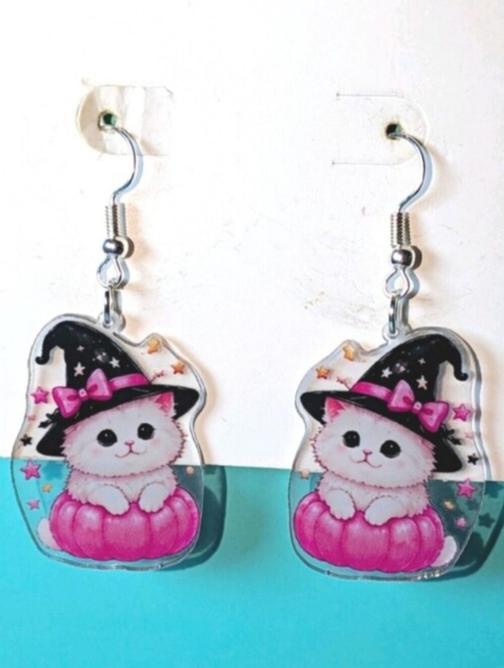 Pink Kitten Witch Dangle Earrings - Cute Halloween Cat Design
